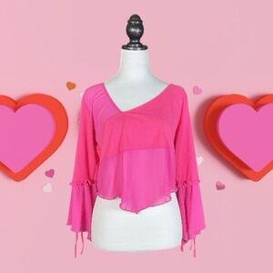 Dolls Kill Generation Kiss Pink Asymmetrical Mesh Bell Sleeve Cropped Top 2X